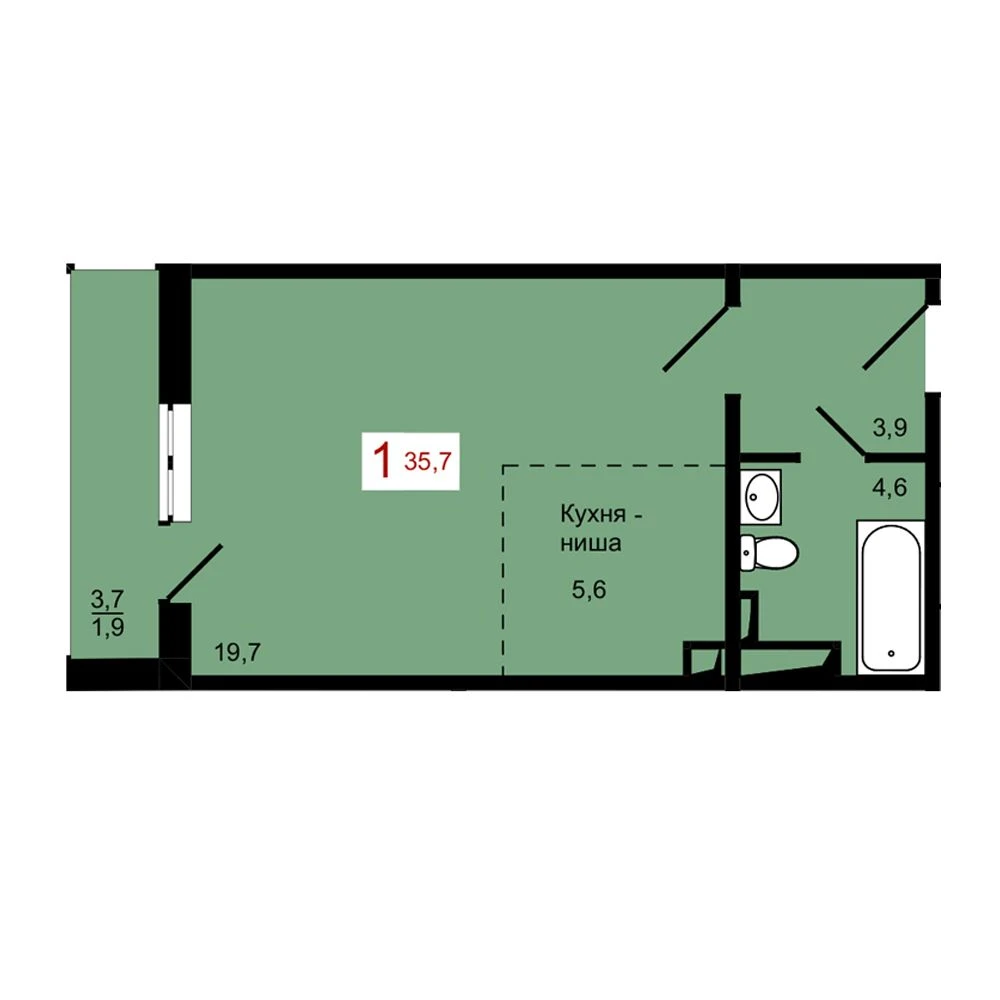 1-комнатная, 35,7 м²
