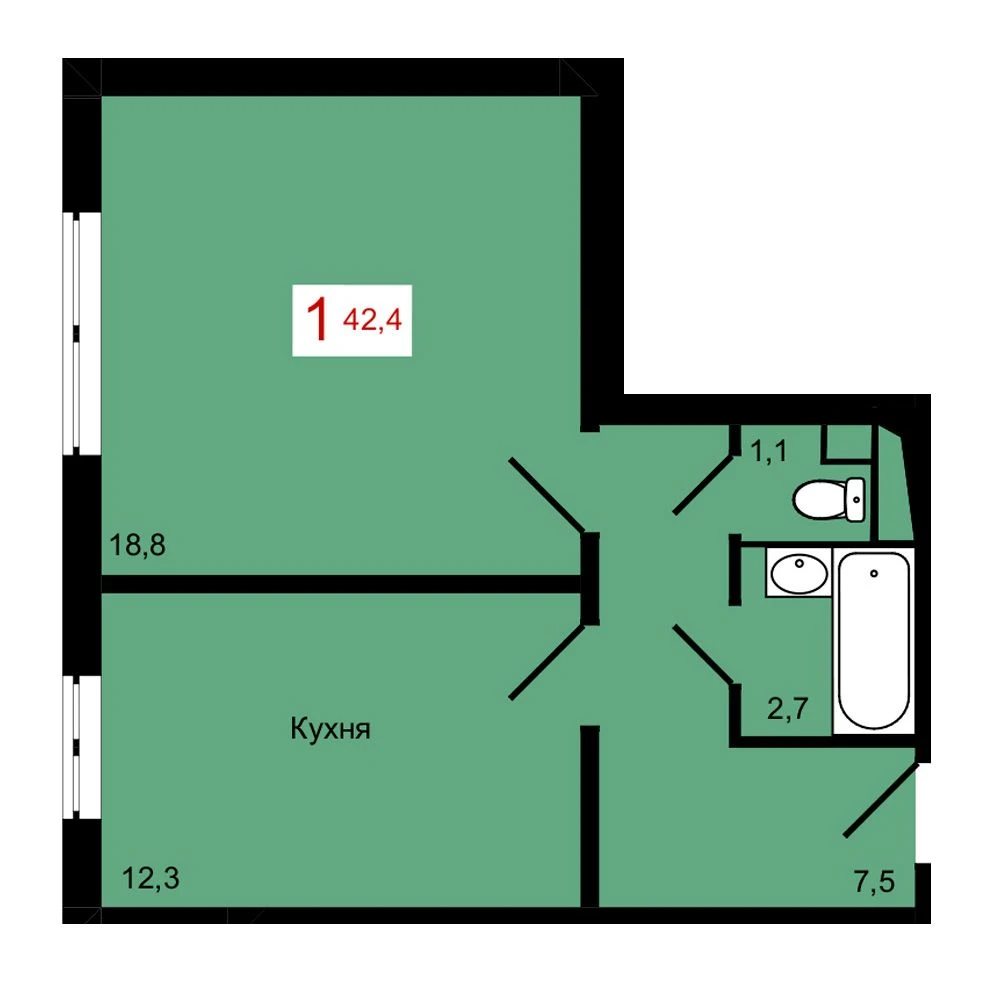 1-комнатная, 42,4 м²
