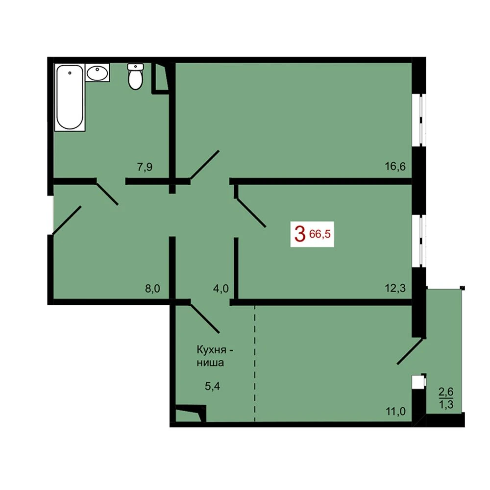 3-комнатная, 66,5 м²