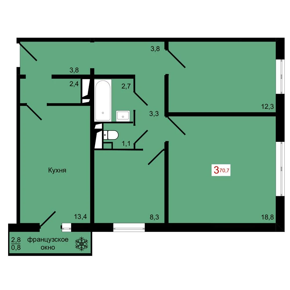 3-комнатная, 70,7 м²
