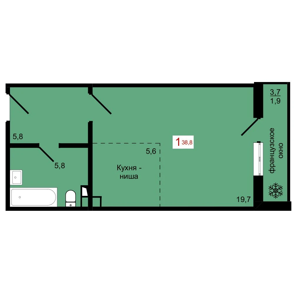 1-комнатная, 38,8 м²