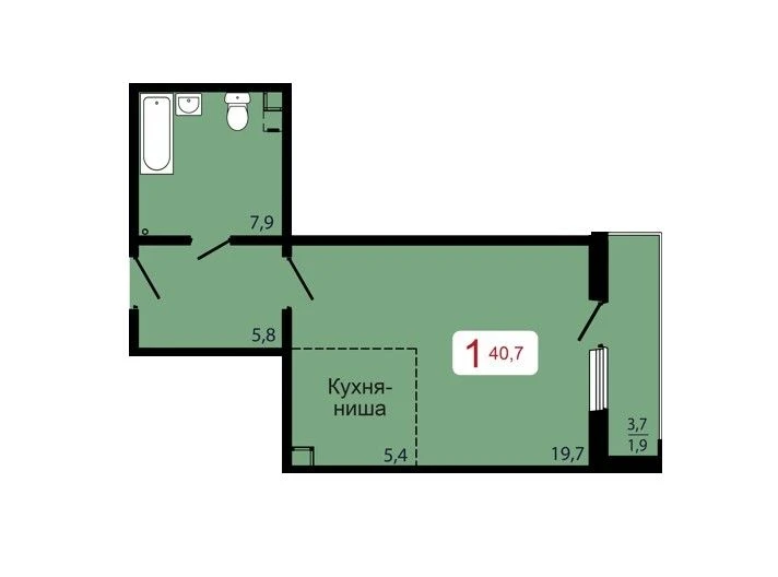 1-комнатная, 40,7 м²