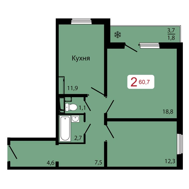2-комнатная, 60,7 м²