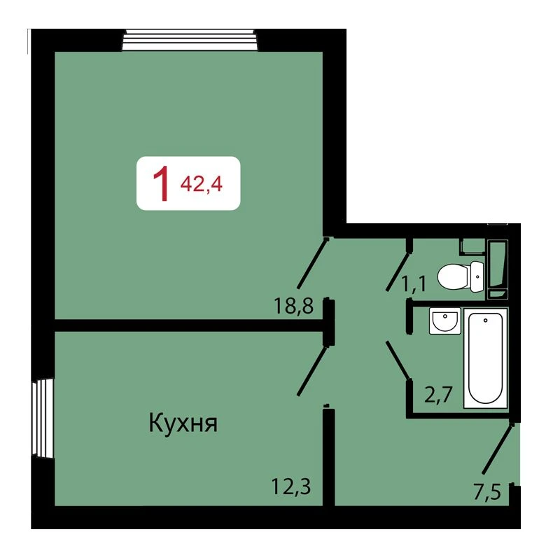 1-комнатная, 42,4 м²