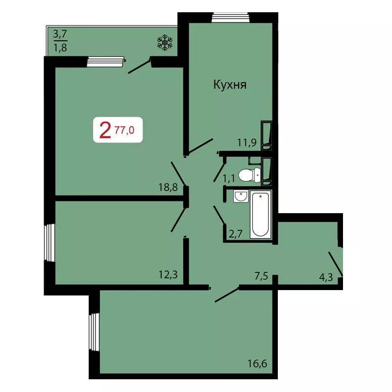 2-комнатная, 77 м²