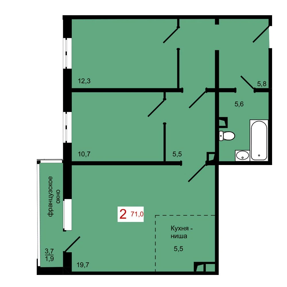 2-комнатная, 71 м²