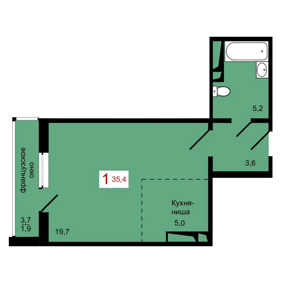 1-комнатная, 35,4 м²
