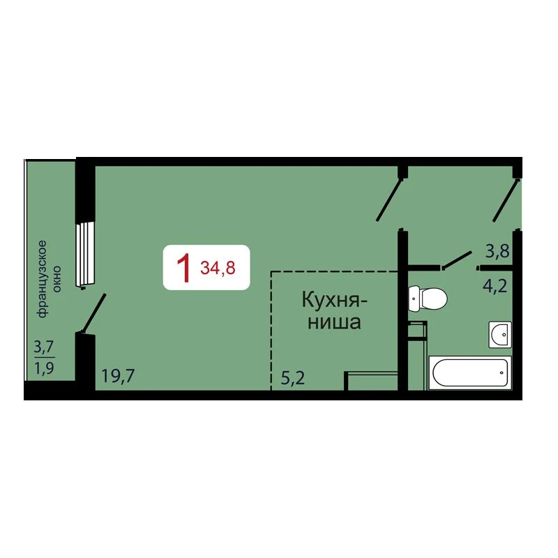 1-комнатная, 34,8 м²
