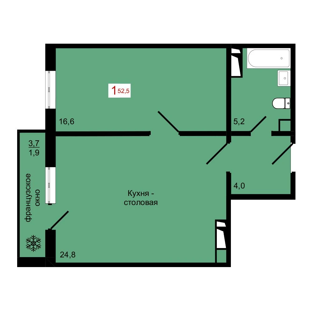 1-комнатная, 52,5 м²