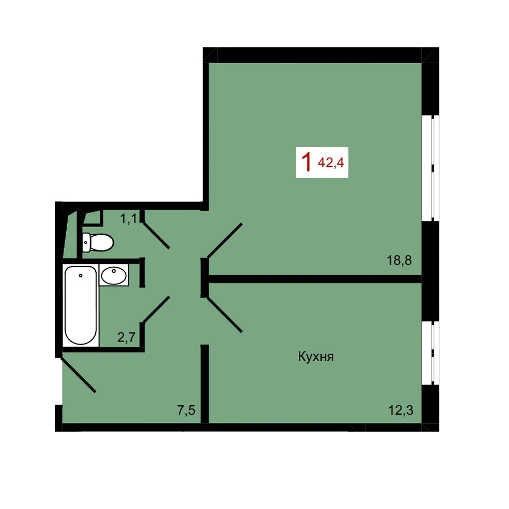 1-комнатная, 42,4 м²