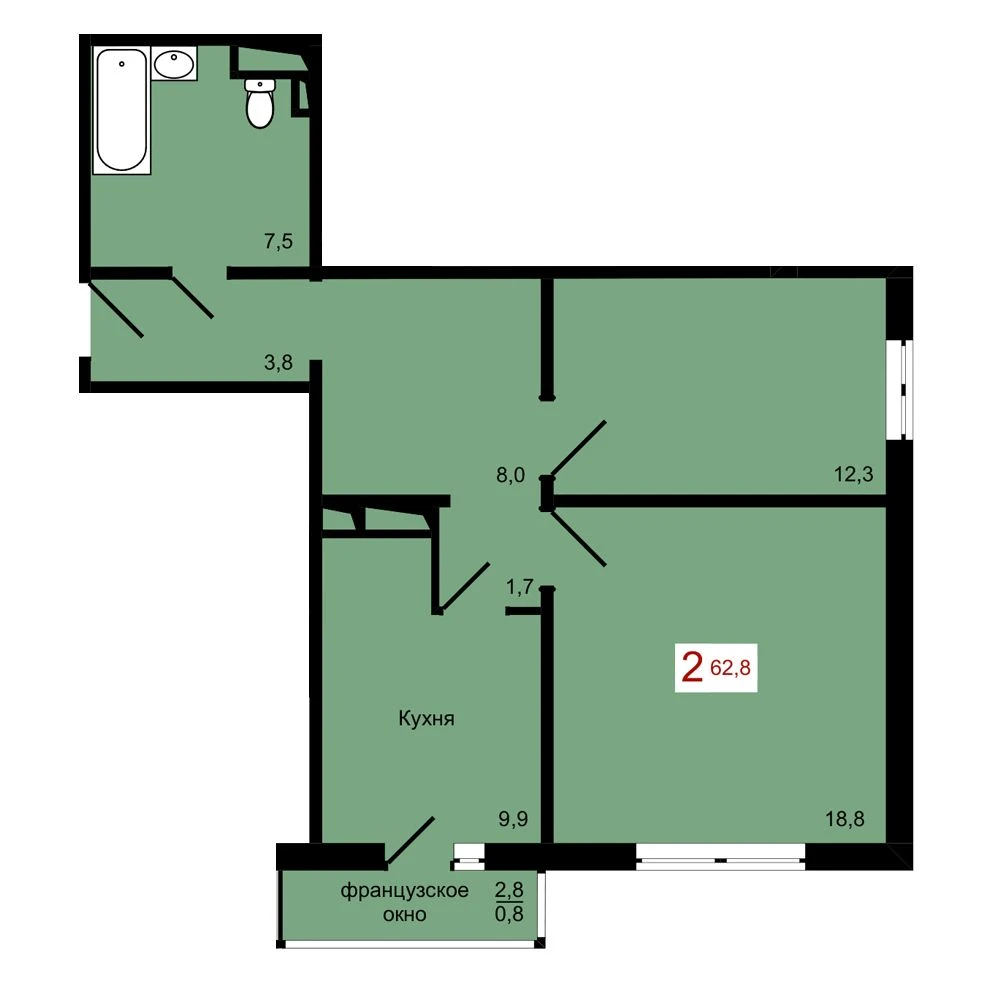 2-комнатная, 62,8 м²