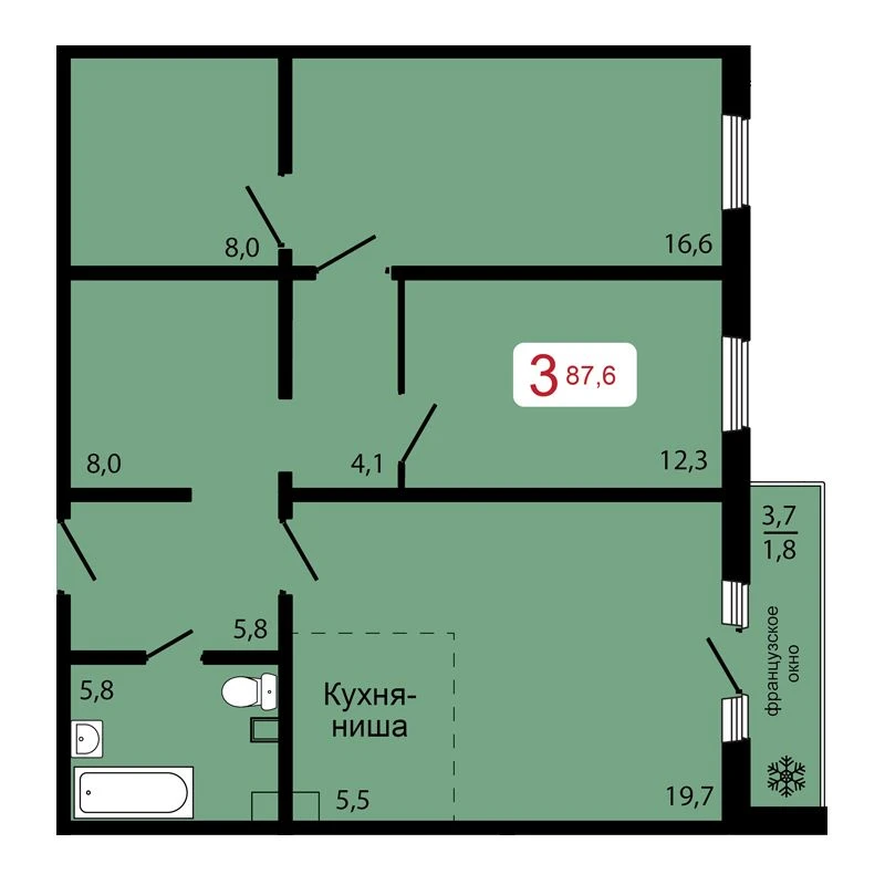 3-комнатная, 87,6 м²