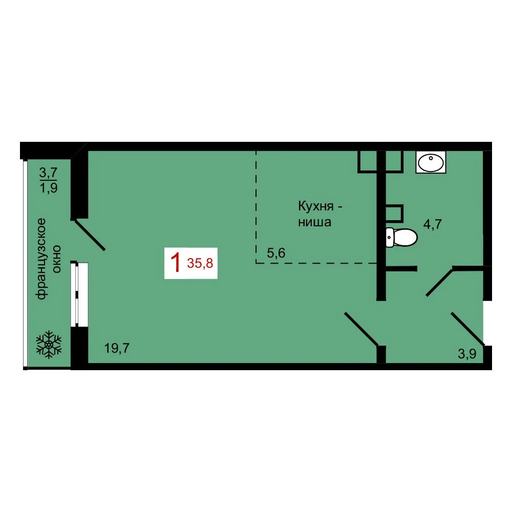 1-комнатная, 35,8 м²