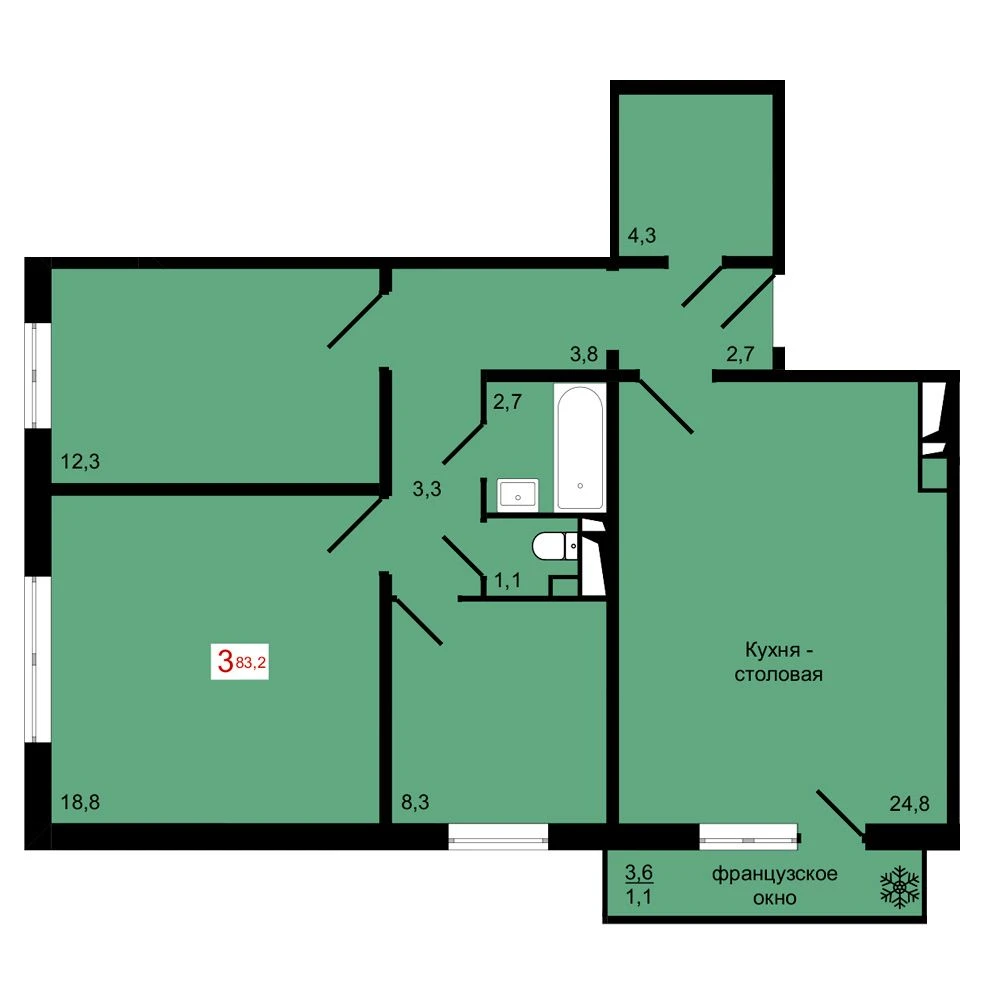 3-комнатная, 83,2 м²