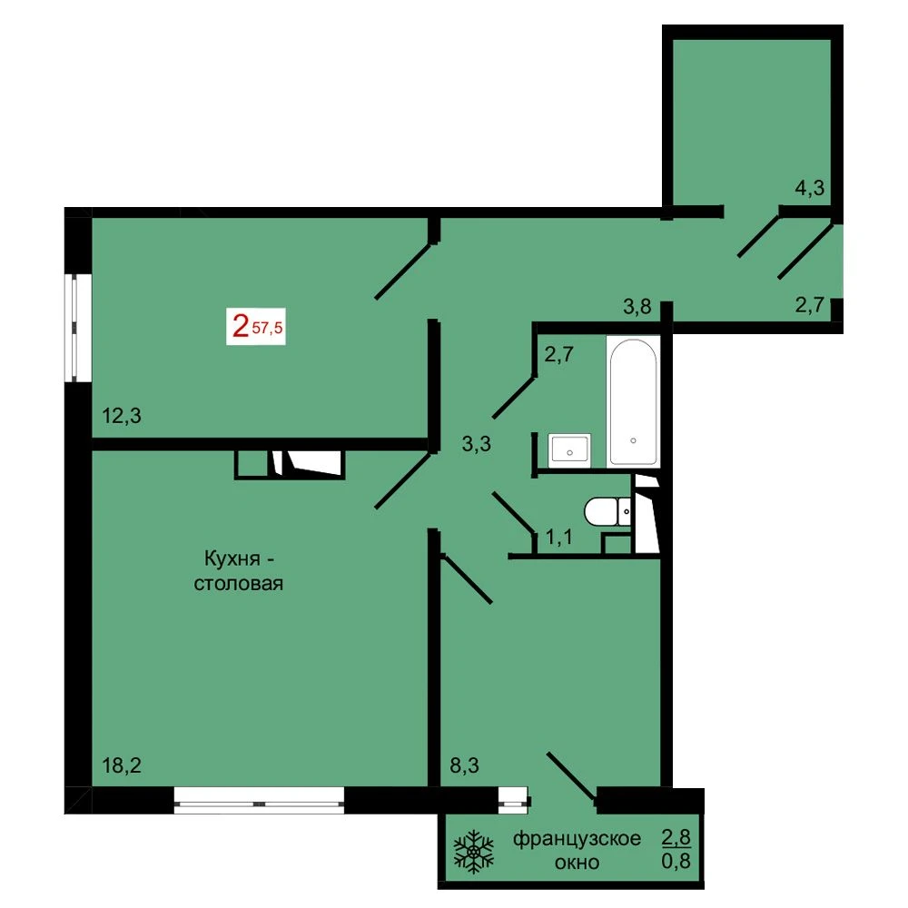 2-комнатная, 57,5 м²