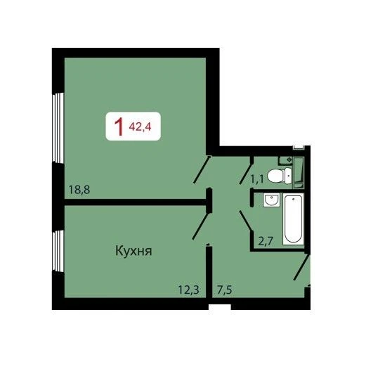 1-комнатная, 42,4 м²
