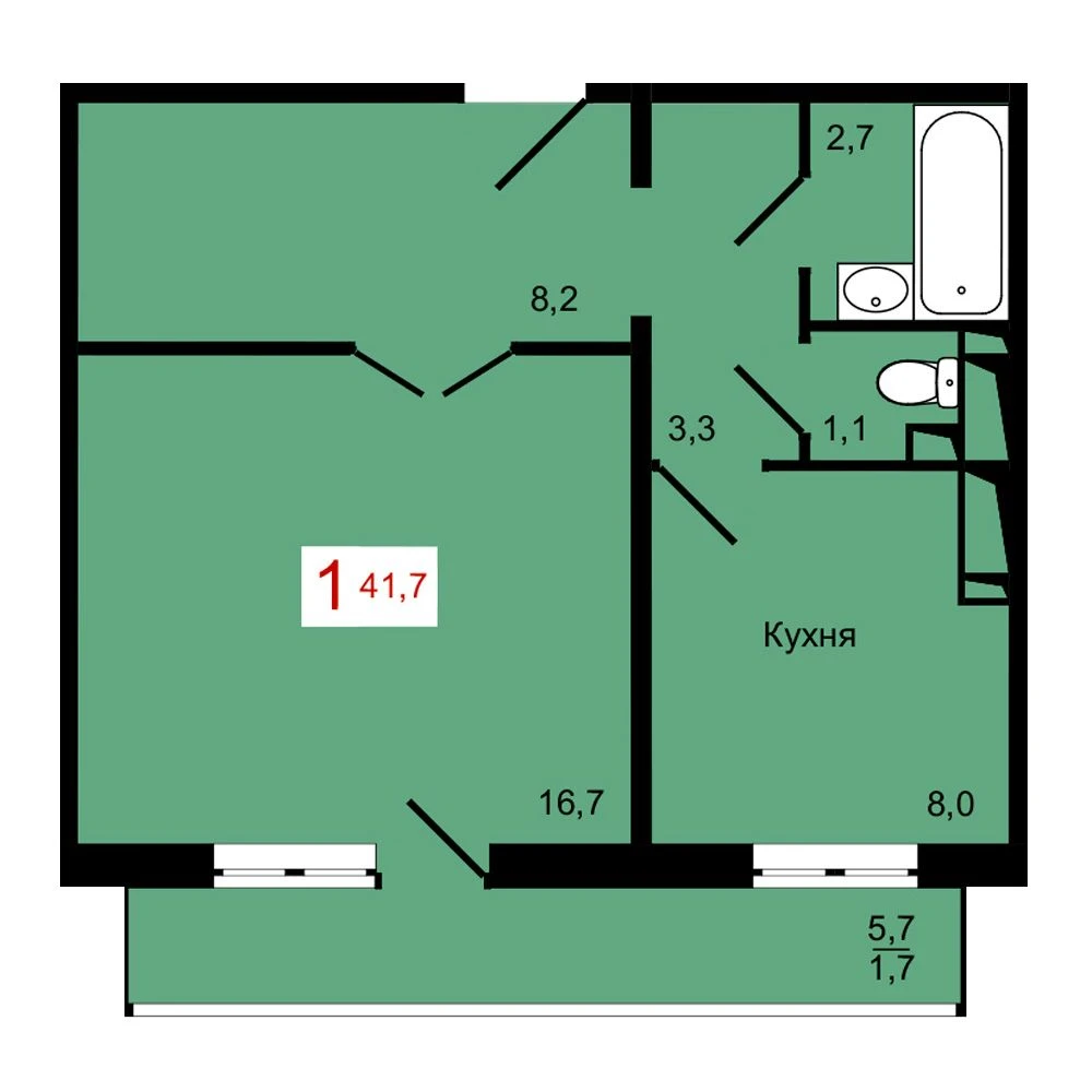 1-комнатная, 41,7 м²