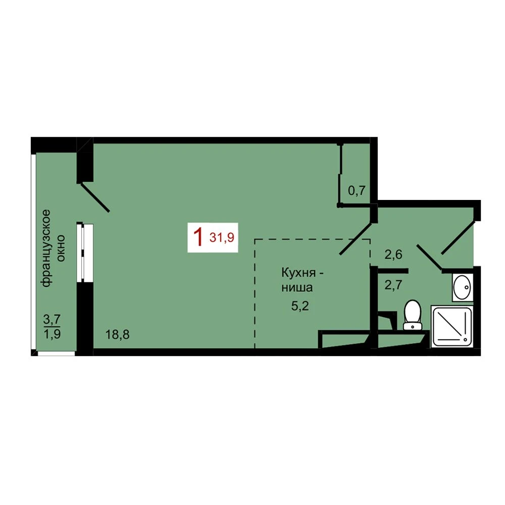 1-комнатная, 31,9 м²