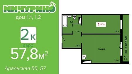 Видеообзор 2комн квартиры (ЕВРО) S 57,8. ЖК МИЧУРИНО дом 1.1 1.2