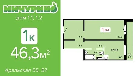 Видеообзор 1комн квартиры S 46,3. ЖК МИЧУРИНО дом 1.1 1.2